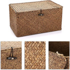 Set Of 3 Natural Seagrass Storage Baskets With Lid - Large Handwoven Wicker Stor