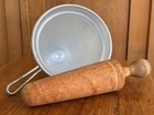 Vintage Aluminum Cone Sieve With Stand And Wood Pestle