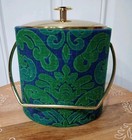 Vintage Bar Mid-century Modern Ice Bucket Blue Turquoise Brass Fabric Retro