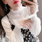 Women s High Neck Mesh T-shirt Long Bell Sleeve See-through Summer Blouse