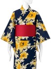 Japanese Summer Kimono Yukata And Obi Set Navy Sunflower Floral Pattern New