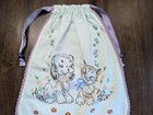 Drawstring Bag Hm W vtg Vanity Scarf Hand Emb W cute  dog   Cat  lavender Trim