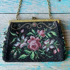 Vintage 1960s Handbag Purse With Chain Needlepoint Black Floral Tapestry Beaded