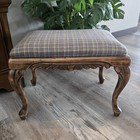 Vtg Mid Century Modern Retro Plaid Gingham Wood Ottoman Footstool Queen Anne