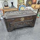 Large Vintage Asian Hand Carved Hinged Wood Chest Box Trunk Antique