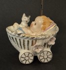 Vintage Porcelain Baby In Carriage W  Cat Kitten Umbrella Ceramic Figurine Japan
