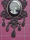 Sterling Silver 925 Marcasite Onyx Mother-of-pearl Lady Cameo Pendant Tested 2