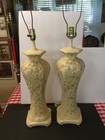 Vintage Pair Of Chinoiserie Glazed Porcelain Lamps With Faux Bamboo 36    H 