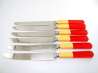 Art Deco Stainless Red   Yellow Bakelite Flatware 6 Place Setting 24 Pces Mint