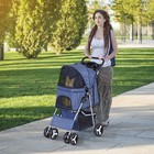 4-wheels Foldable Pet Stroller Dog Cat Stroller W cup Holder For Medium Dog Blue