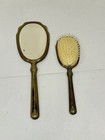 Vintage Vanity Set 2 Piece Gold Tone Hand Mirror And Brush Art Deco Floral