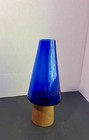 Vintage Danish Modern Cobalt Blue Glass Hurricane Candle Holder Wood Base Denmar