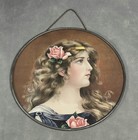 Antique Beautiful Woman Lithograph Chimney Flue Cover Round Pink Roses