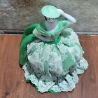 Vintage Porcelain Half Doll Pin Cushion Green White Lace Dress