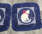 Pair 2 Kitty Cat Throw Pillow Covers  Blue Quilted Ruffle Lace 18 X 16 In  Home