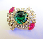 Outstanding Czech Vintage Style Glass Rhinestone Button  Crystal Hot Pink Green