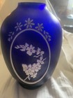 Jasperware Vintage Cobalt Blue Inlaid White Flowers Vase 8x3 5 England