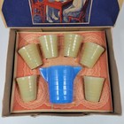 Vtg Akro Agate Play Time Kid s Glass Cup Water Pitcher Set  112   Box Blue Cream