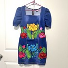 Vintage Oaxacan Mexican Blue Red Embroidered Dress Size Xl  Floral Colorful Boho