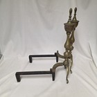 Vintage Brass Cast Iron Fireplace Andirons Sheffield New York Colonial Queen Ann