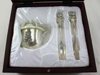 Vintage Stephan Baby Keepsake Silverplate Cup Fork Spoon Set Rosewood Gift Box