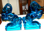 Vintage L e  Smith Blue Glass Rearing Horse Bookends- 8    X 6  - 2 Horse Set Nice