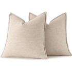 Set Of 2 Beige Pillow Covers 24x24 Inch Rustic Linen Square Decorative Throw Pil