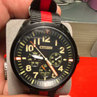 Citizen Eco-drive Quartz Analog 43mm 100m Day date Black Dial Nylon Strap