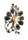 Vintage Floral Brooch Pin Pendant Champagne Amber Rhinestone Rose Gold Center
