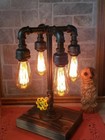Retro Industrial Style Pipe Teardrop Down 4 Edison Bulb Lamp On Wood Base