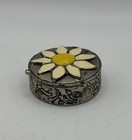 Daisy Floral Trinket Pill Box Vtg Silver Tone Yellow White Enamel 1 5 Inch