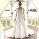 Vtg 90s Demetrios Sz 12 White Satin Beaded Lace Long Sleeve Wedding Bridal Gown