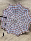 Rare Antique Pk Polan Katz Nylon Plaid Umbrella Parasol Blue End Handle Tassel 