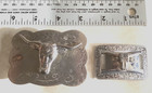 Vintage Silver Plate Long Horn Belt Buckle And Scarf Tie