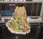 Folk Art - Handmade Wood Doll Girl Braided Hair   Green Flower Dress