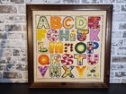 Vintage Framed Sunset Designs Abc s Crewel Bright  Vibrant 1970s