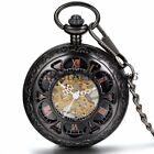 Mens Hallow Pocket Watch Mechanical Black Steampunk Skeleton Retro Chain Luxury