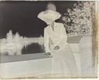Antique Glass Photo Negative  Woman In Large Hat On Stone Bridge By Water