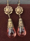 Art Nouveau Earrings Brass Roses W  Antique Pink Blush Czech Glass Drops