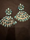Vintage Old Pawn Giant Indian Turquoise Sterling Silver Clip Back Earrings