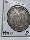 1873-k France 5 Francs Large Silver Coin Hercules