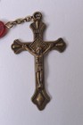 St Therese Rosary Bronze Tone Crucifix   Center Medal Flat Red Lucite Beads Vtg