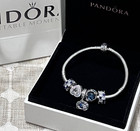 Authentic Ale Blue Crystal Heart Pendant   Sparkling Bracelet Set 7 1 w gift Box