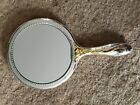 Heavy Vintage Silver Plated Ornate Vanity Hand Mirror W gold Tone Flowers 9 5  L