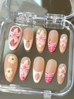 Medium Almond Press-on Nails Pink Nude White 3d Flower French Full Cover Acrylic