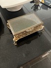Vintage Victorian Gold Jewelry Trinket Box W glass Lid-ornate Details Cherubs 