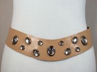 Vintage 80s Womens Tan Leather Retro Rhinestone Cinch Fashion Belt Size 32  Boho