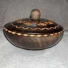 Hand Carved Round Dark Wood Trinket Box With Lid 5 5  Wide Geometric Turned