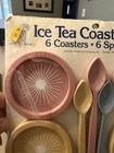 New Vintage Gessner Plastic 6 Ice Tea Coasters  Spoons  Pastel Atomic Starburst
