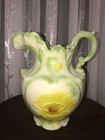 Antique Ceramic Scalloped Pitcher Extra Large Green Floral Raised Decoration   